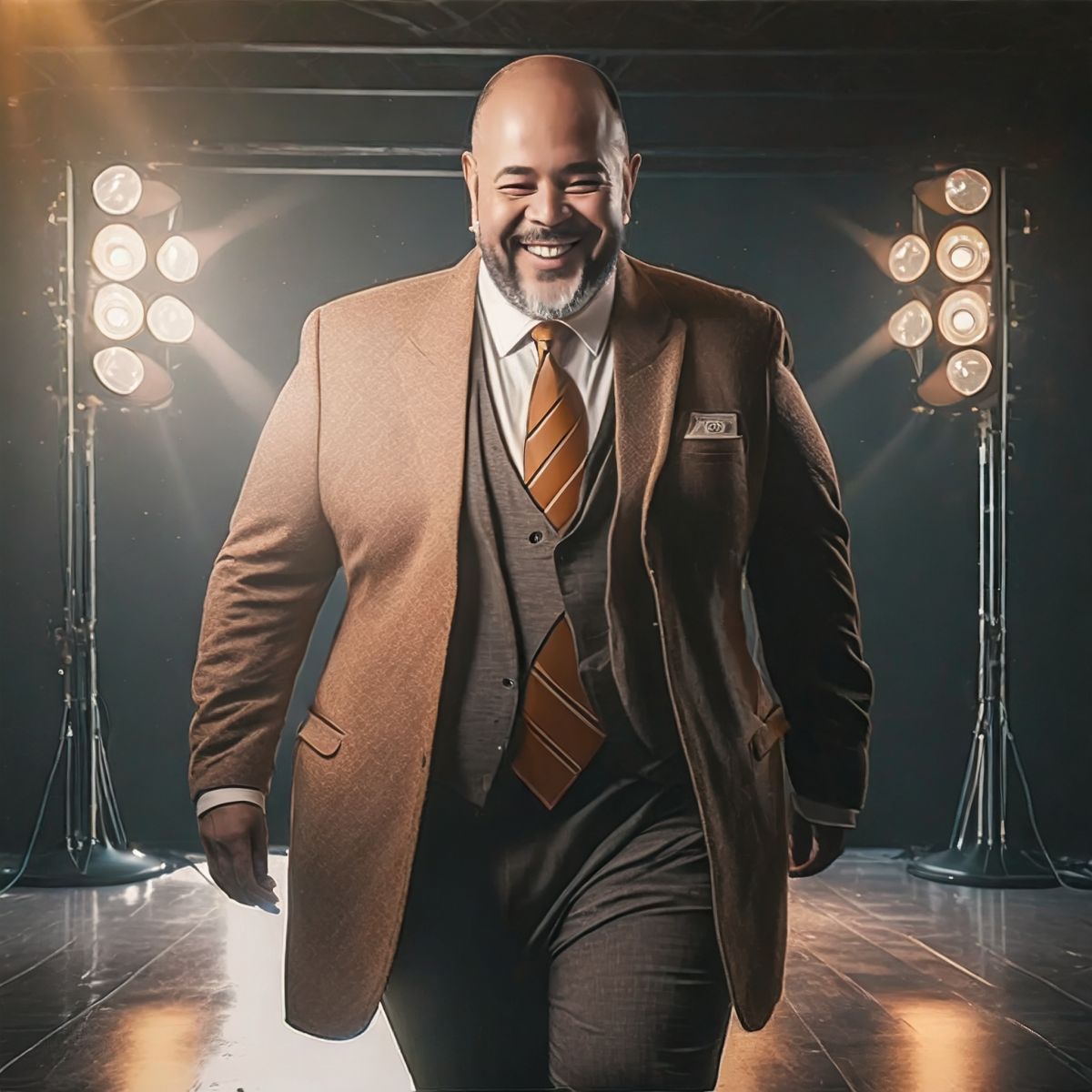 Wayne Sherman, Executive Vice President, Midwest for NBC. A large, balding, obnoxious man walking toward you on a TV set. Image generated by Adobe Firefly.