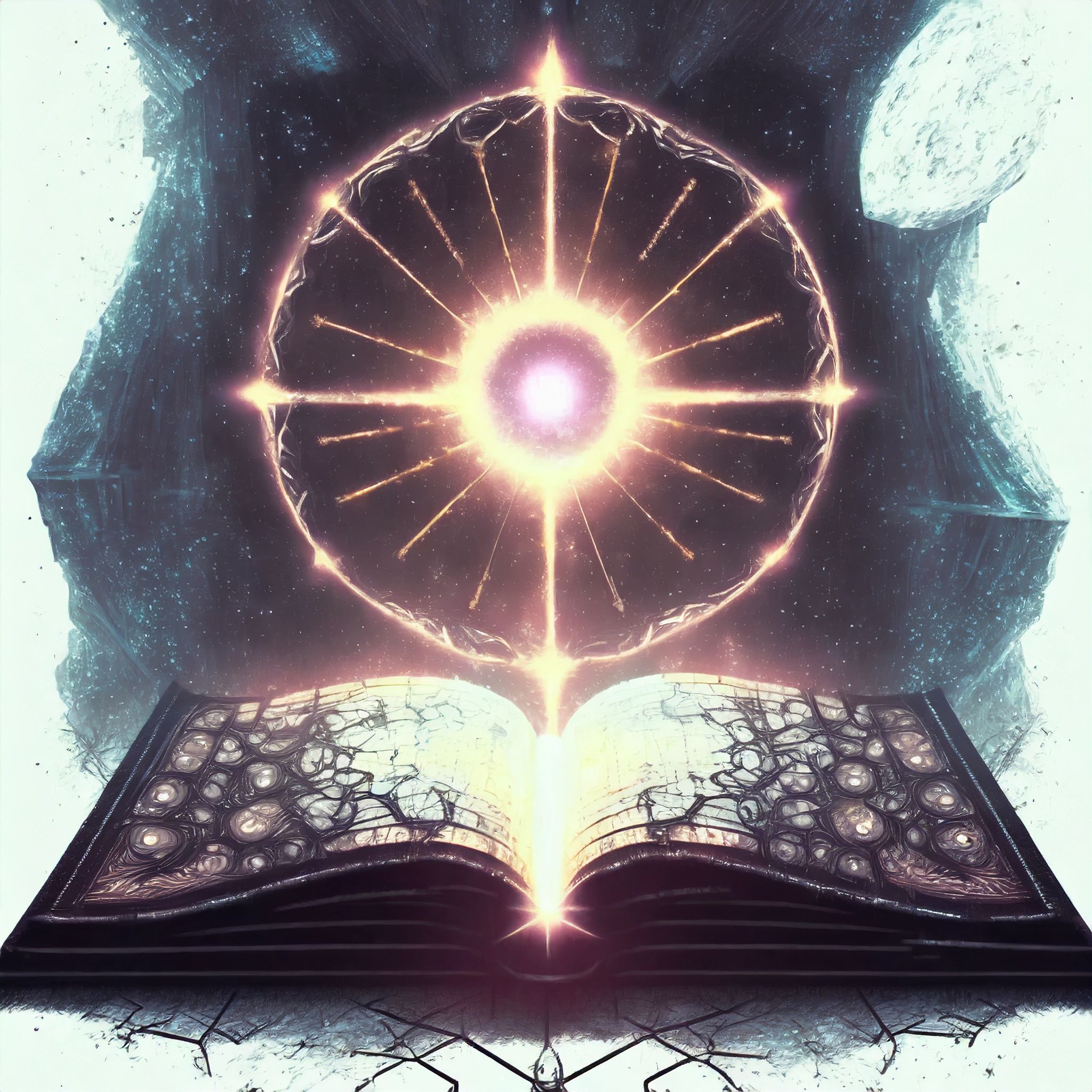 The Final Book of mankind. An ancient text is opened and a ball of energy and light emerges, its insides appearing like the cosmos.