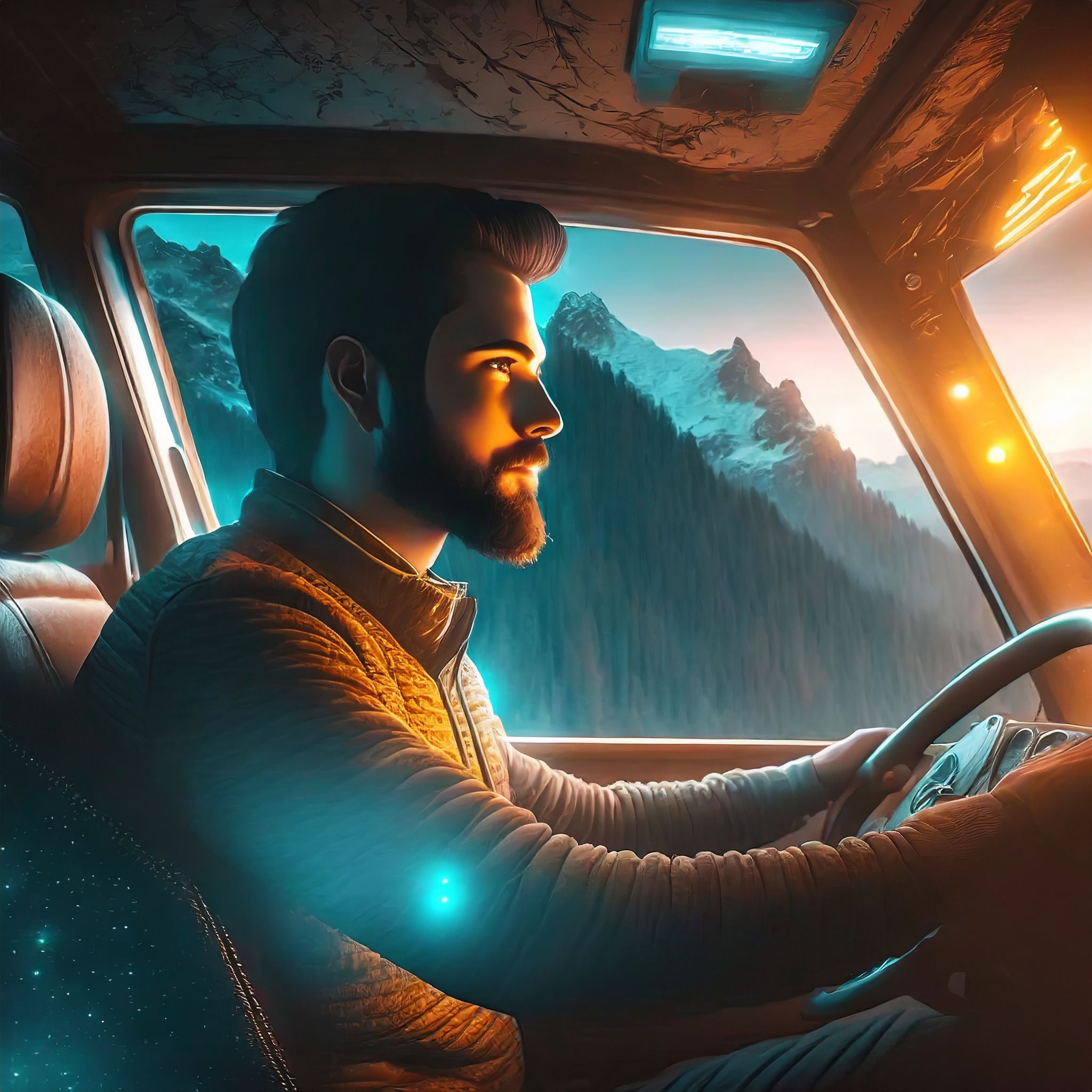 Joshua Bach, Mortal Savior. A late 20s man with a beard is driving a truck in the mountains. Image generated by Adobe Firefly.