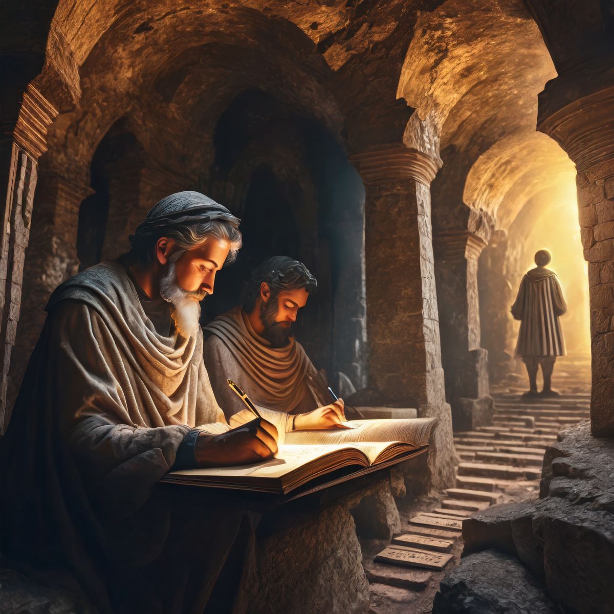 Early Christian theologians writing in secret in the catacombs of Rome.