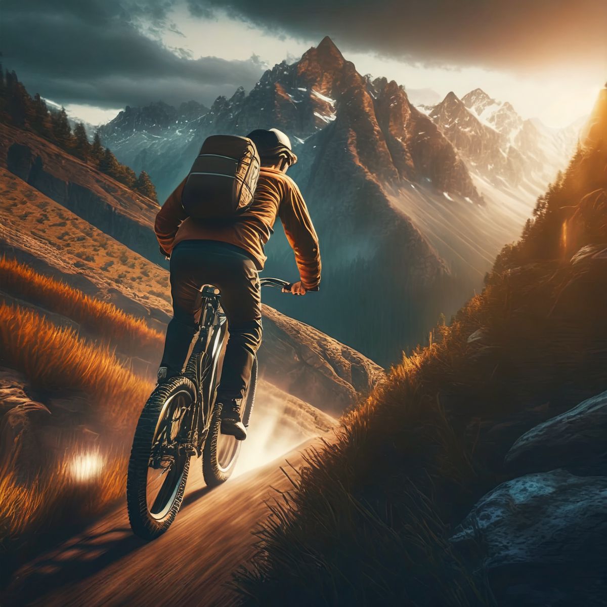 Josh Bach riding a mountain bike in the mountains. Image generated by Adobe Firefly.