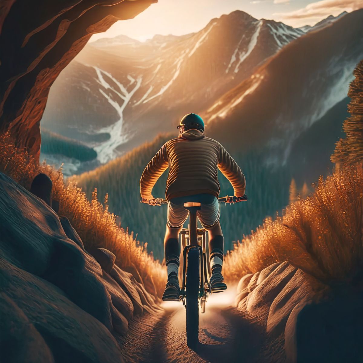 Josh Bach riding a mountain bike in the mountains of Colorado. Image created by Adobe Firefly.